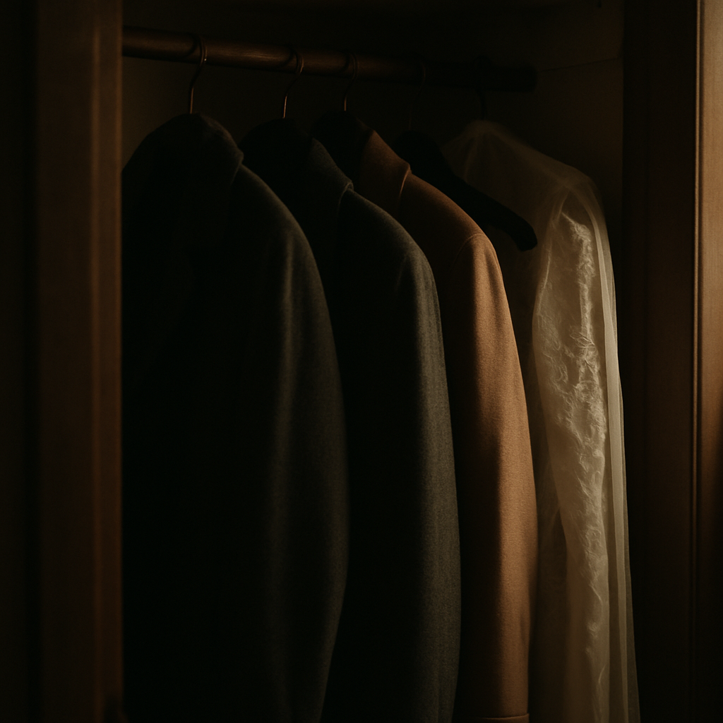 Closet door slightly open with white lace dress bag inside