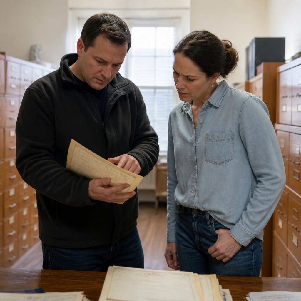 Two siblings examining a land title document inside a county records office, expressions serious and concerned.