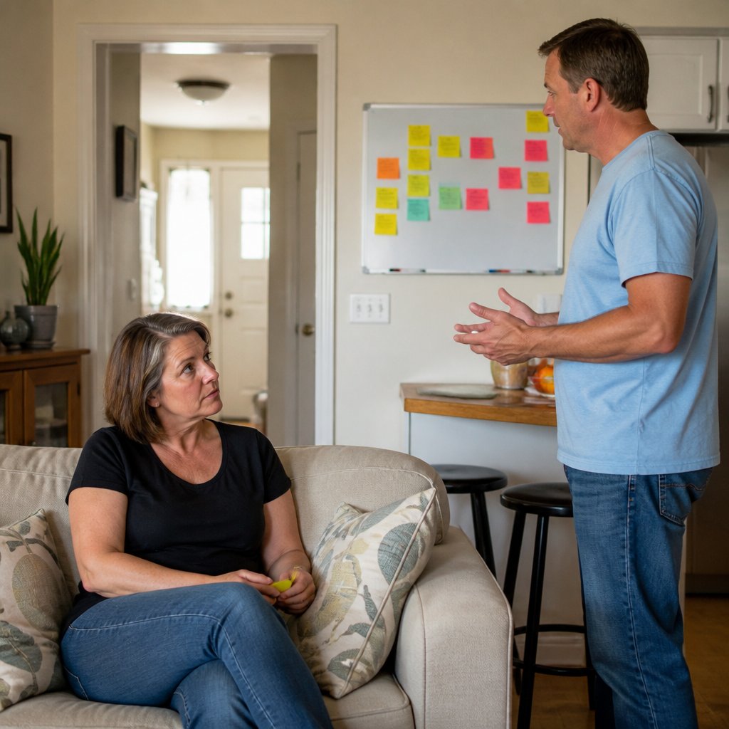 Woman sitting tensely on sofa holding sticky note; man standing near kitchen counter with whiteboard full of notes.