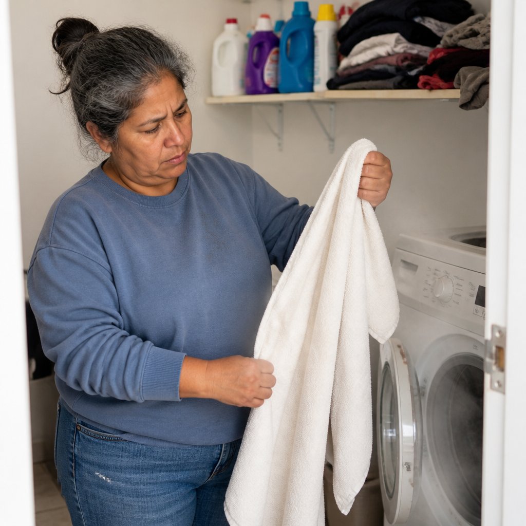 Woman in a blue sweatshirt looking skeptically at a perfumed towel in a home laundry room.