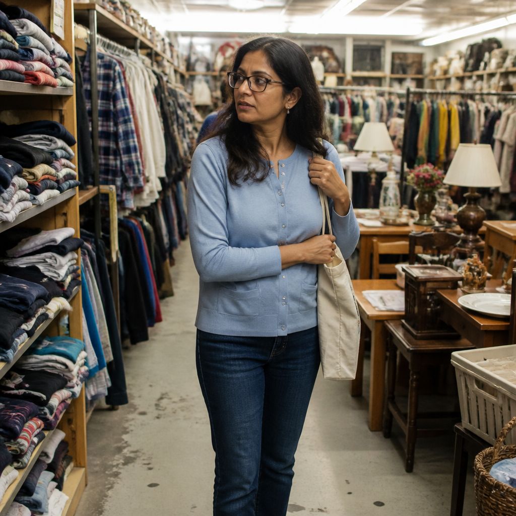 Woman standing inside a thrift store aisle, looking at clothes on racks, holding a tote bag with a cautious expression.