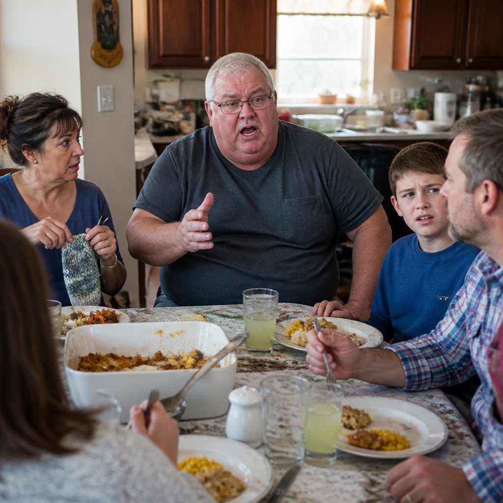 Man speaking defensively at family dinner, relatives showing shock and confusion around a busy kitchen table