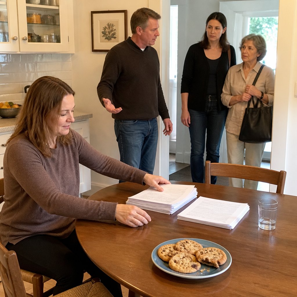 Ivy slides two stacks of papers across the kitchen table as Cal, Dana, and Marlene arrive for an intervention, with cookies set out in front of her.