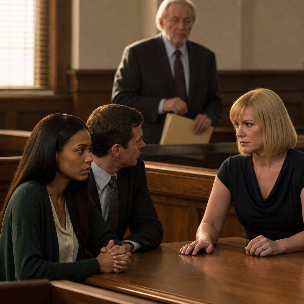 In a courtroom, Mara watches as an older attorney stands to testify while Darlene grips the table, tense.