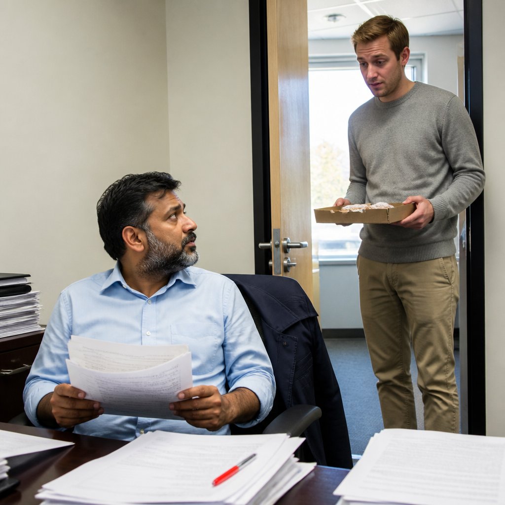 A bearded South Asian man sits at his desk holding marked-up papers while a coworker hesitates in his doorway with a pastry tray.