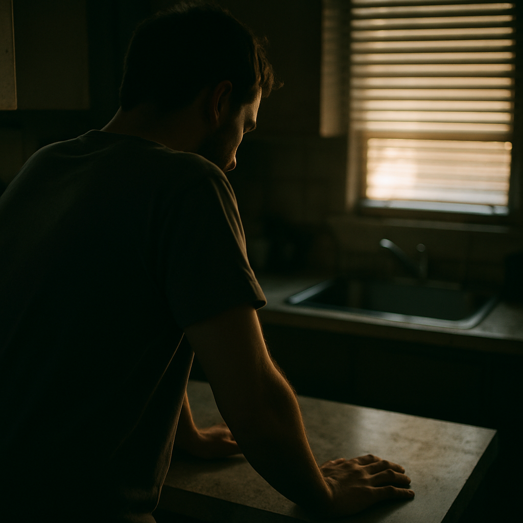 Man standing tensely in kitchen with morning light filtering through blinds