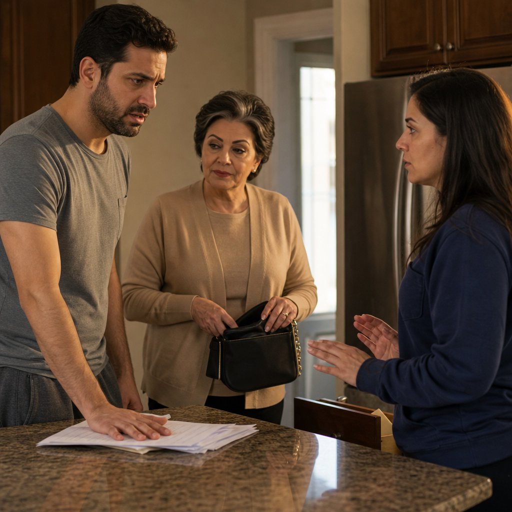 In the kitchen, Omar presses his hand on a stack of papers while Layla stands beside him watching, and I stand across the counter frozen mid-explanation.