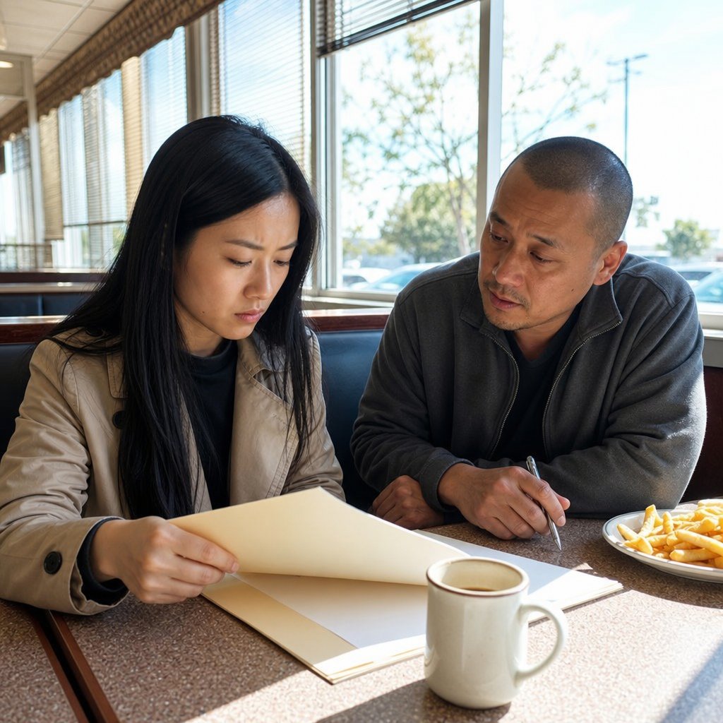 Mara and a private investigator sit in a diner booth over an open folder, her face tight with shock.