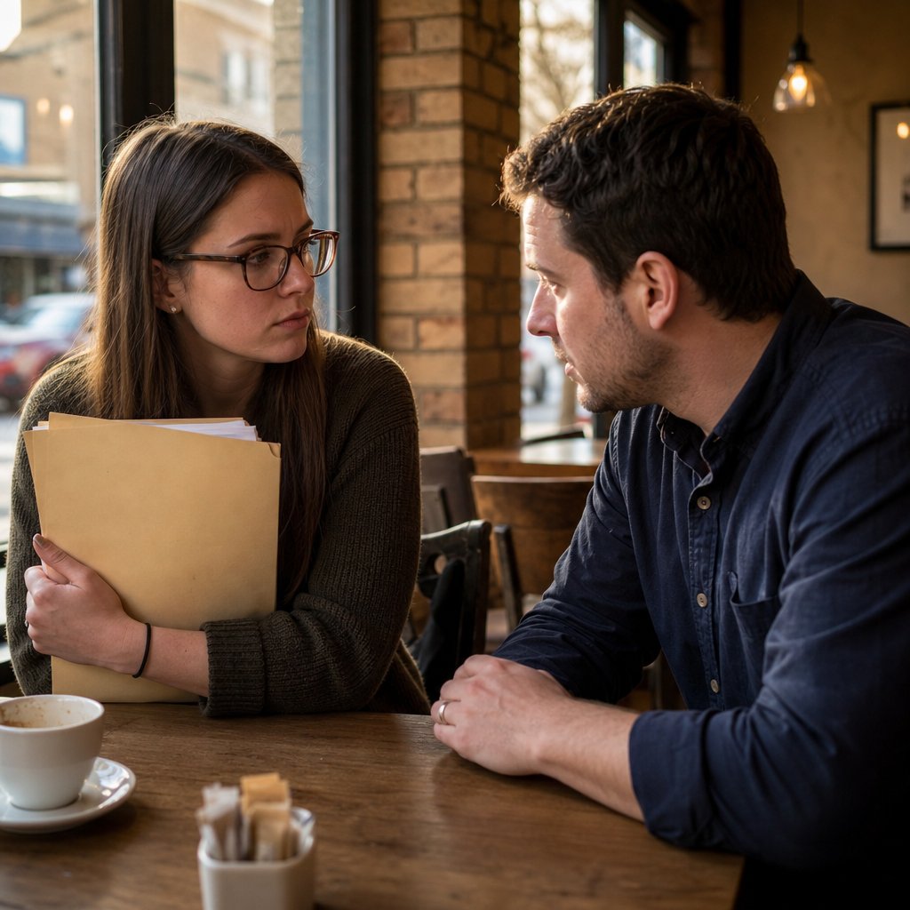 Ivy grips a manila folder across from Mark in a cafe as he leans in, tense and accusing.