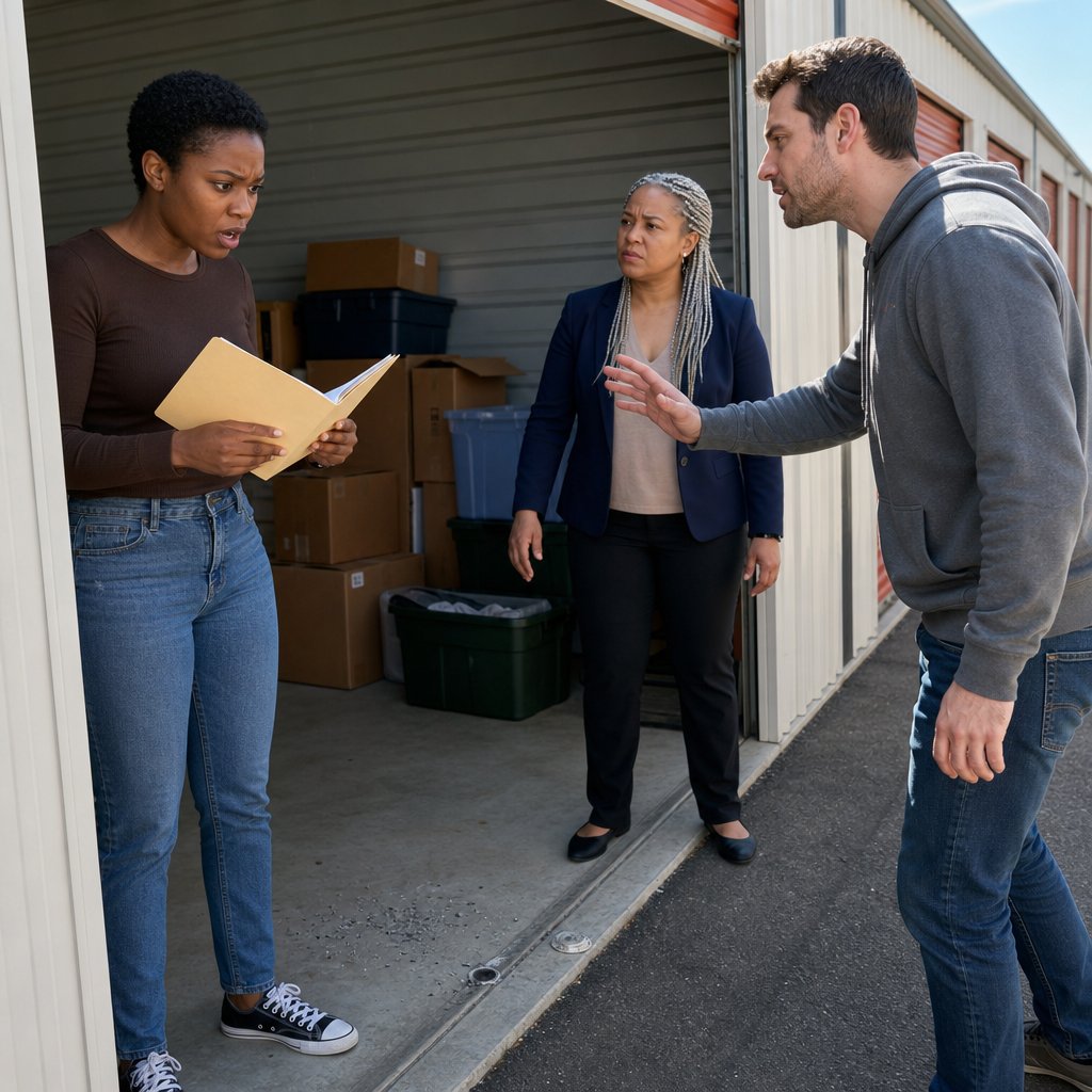 Mara holds an open folder in a storage unit while Evan reaches toward her and her attorney’s paralegal blocks him.
