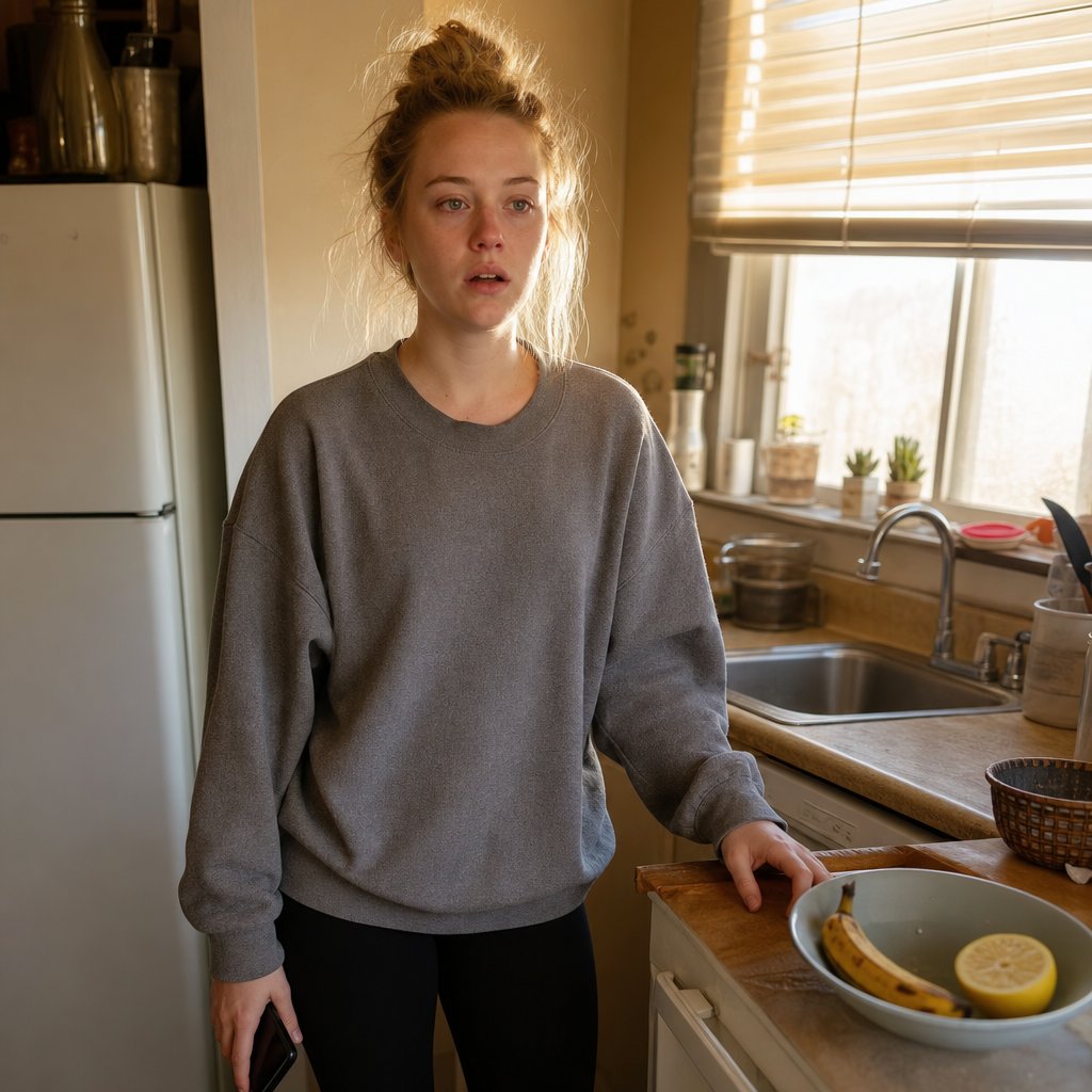 Mara stands in her kitchen gripping the counter, phone face-down, looking stunned.