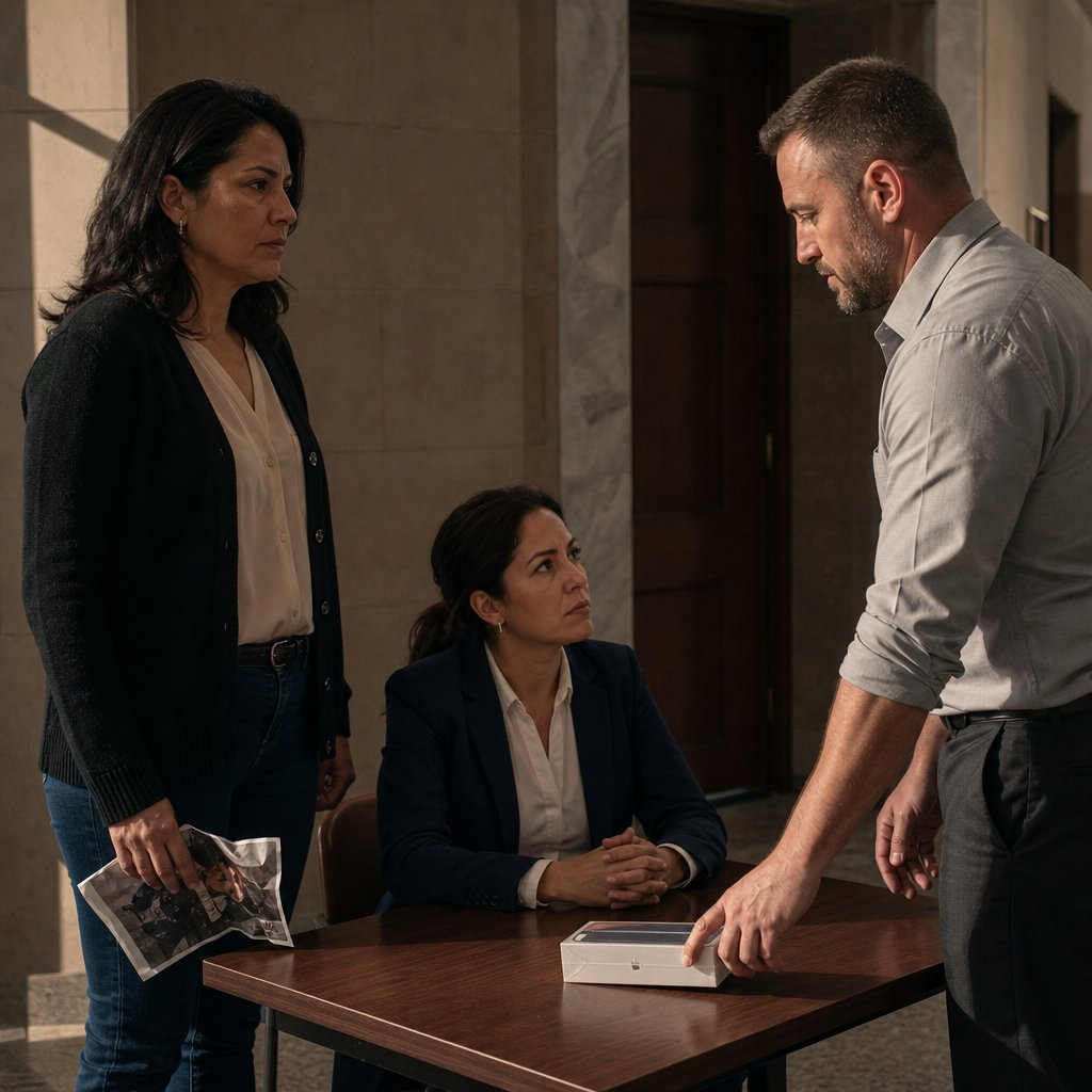 Grant slides a sealed, factory-new phone box across a table as Mara and her attorney stare at it, tense.
