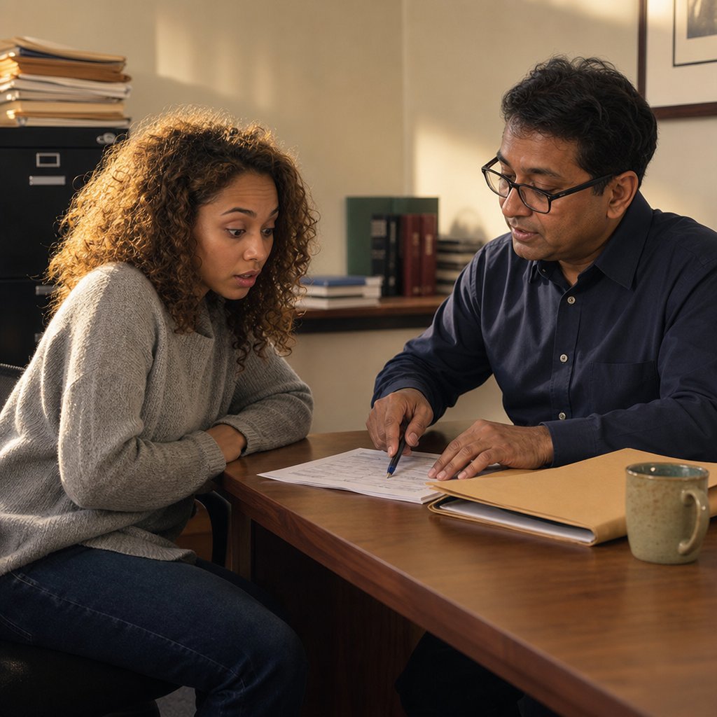 An accountant points at a document as Iris leans forward, stunned.