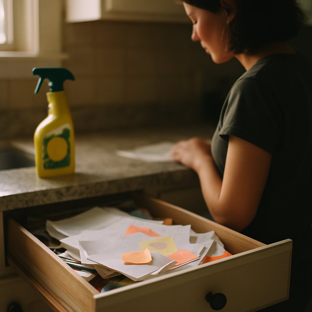 Cluttered kitchen junk drawer with papers and sticky notes, soft morning light