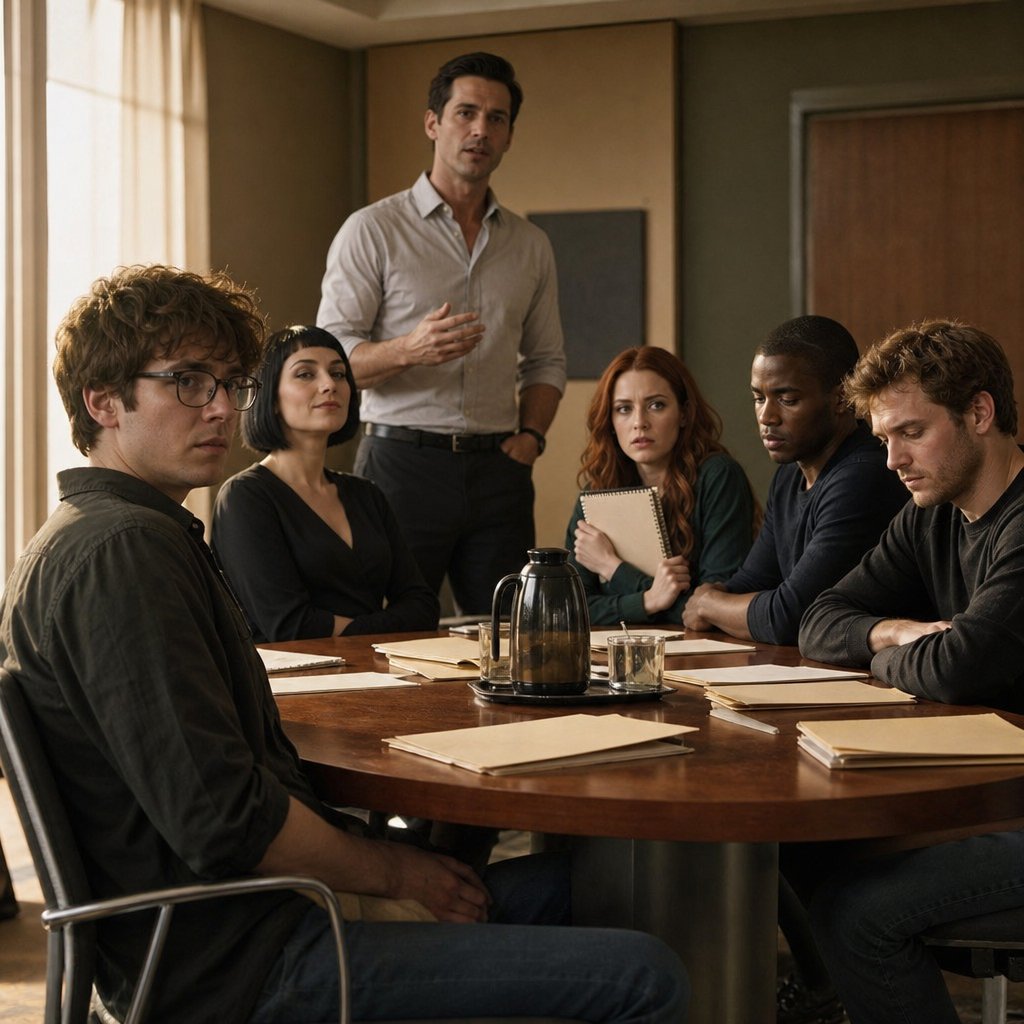 Graham announces a reorg as the team reacts—Lila pleased, Iris tight-lipped, and the narrator watching from the table edge.