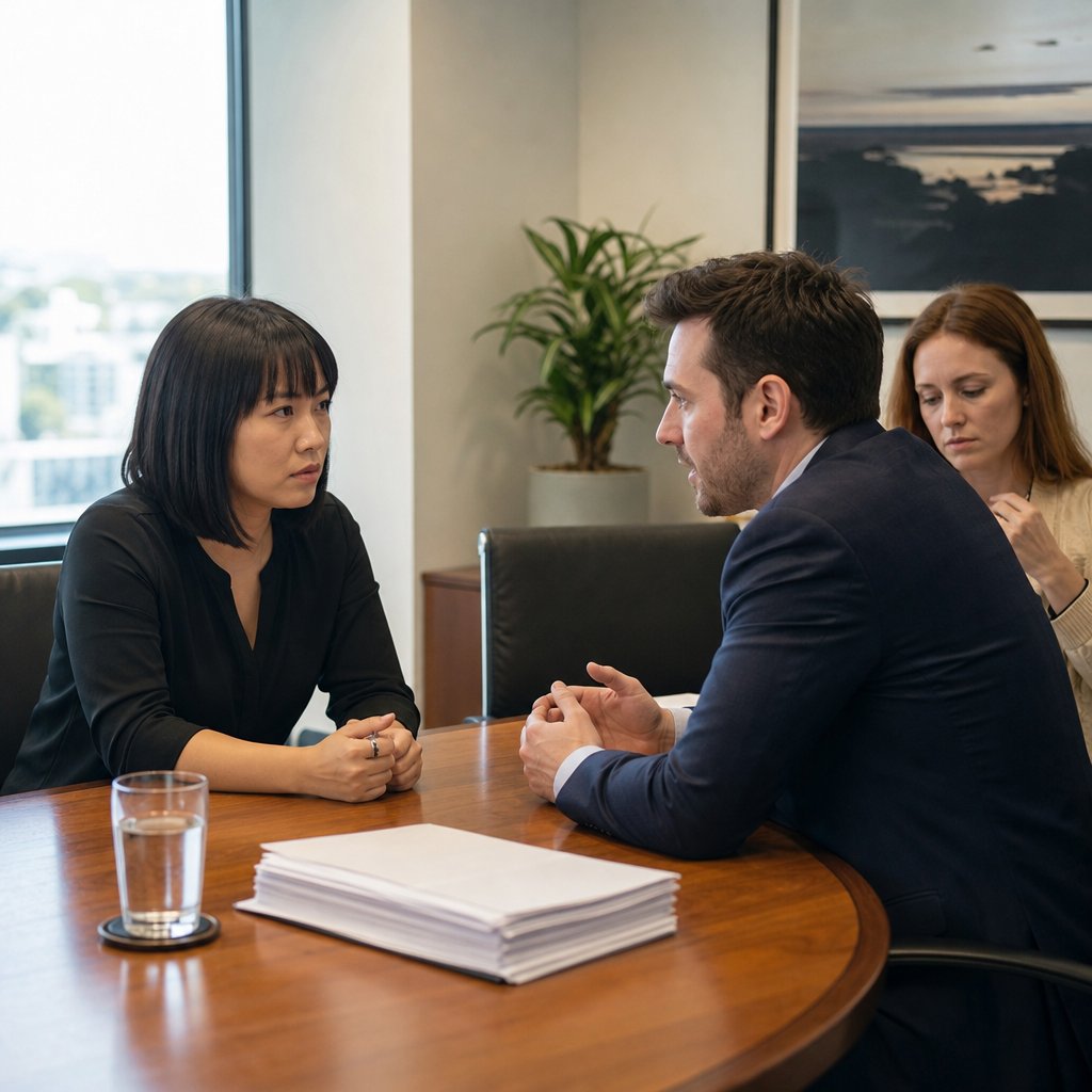 I sit rigid at a deposition table while Gavin leans forward defensively and Maren fidgets behind him, papers stacked between us.