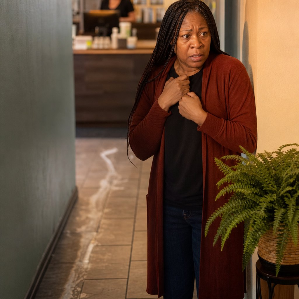 A woman with long box braids clutches a small black phone in a hallway, her face tense as she reads.