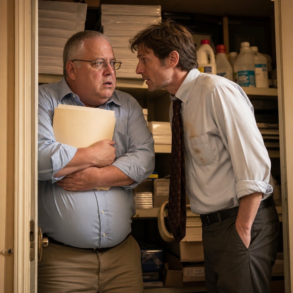 In a supply closet doorway, the narrator grips a folder while a coworker leans in to whisper, both looking nervous.