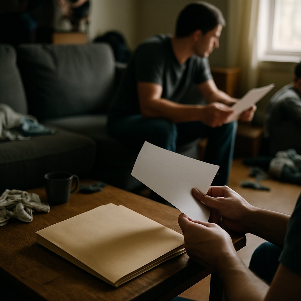 Hands holding a printed paper emerging from a folder on a coffee table, in a softly lit living room.