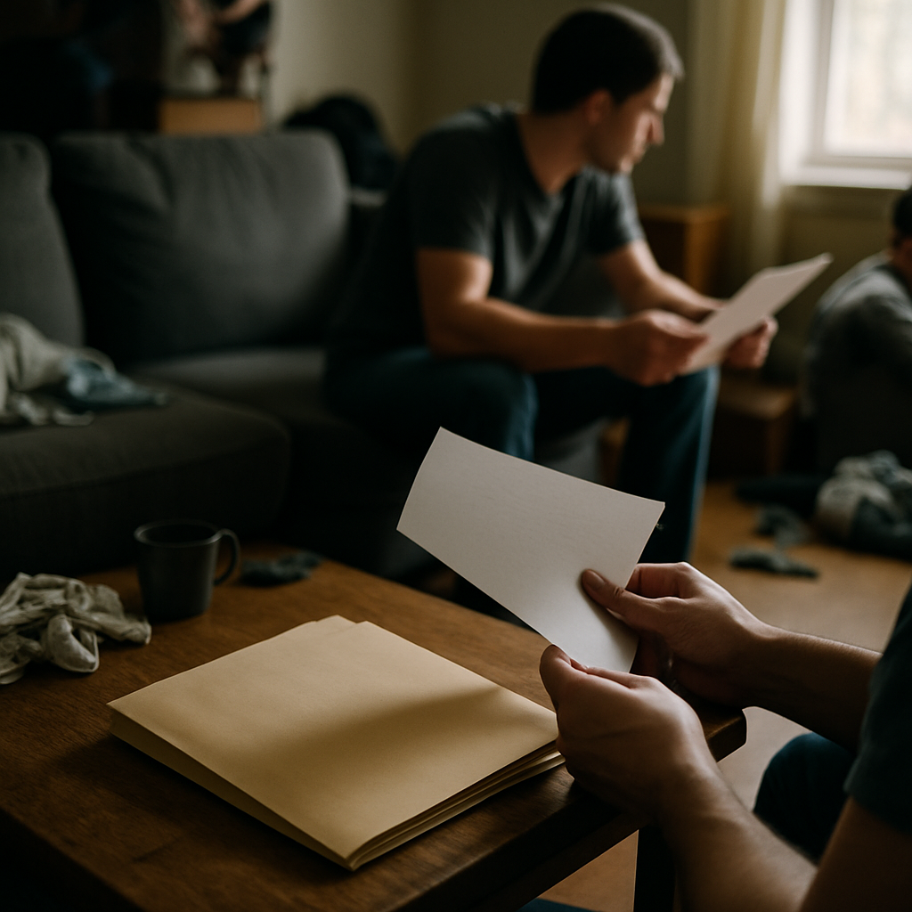 Hands holding a printed paper emerging from a folder on a coffee table, in a softly lit living room.