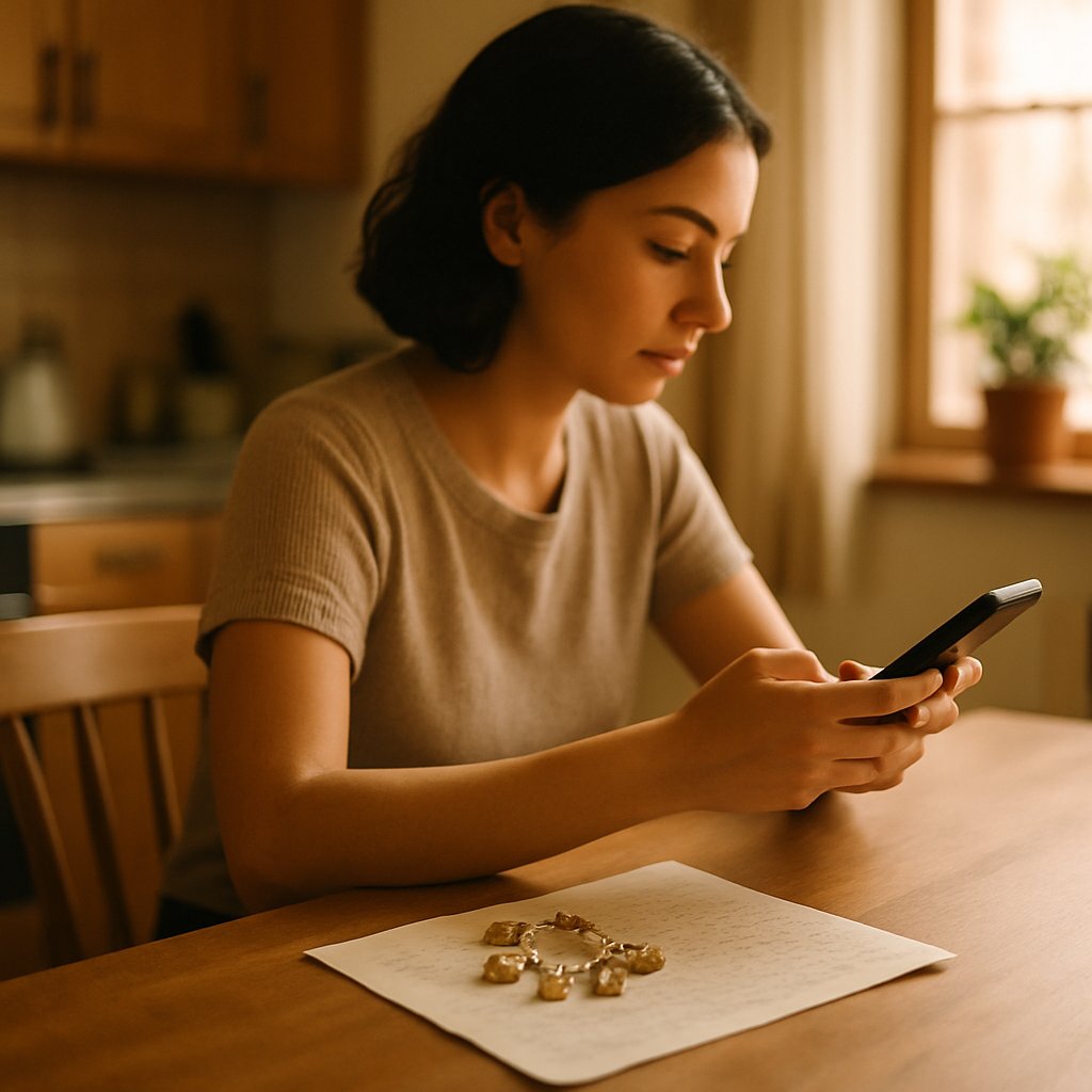 Woman at kitchen table documenting a gold charm bracelet and handwritten note in natural light.