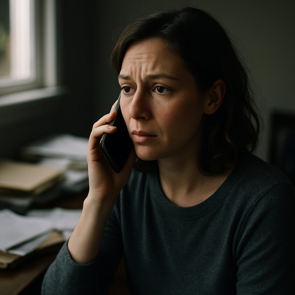 Woman anxiously listening on phone in dimly lit office with papers on desk.