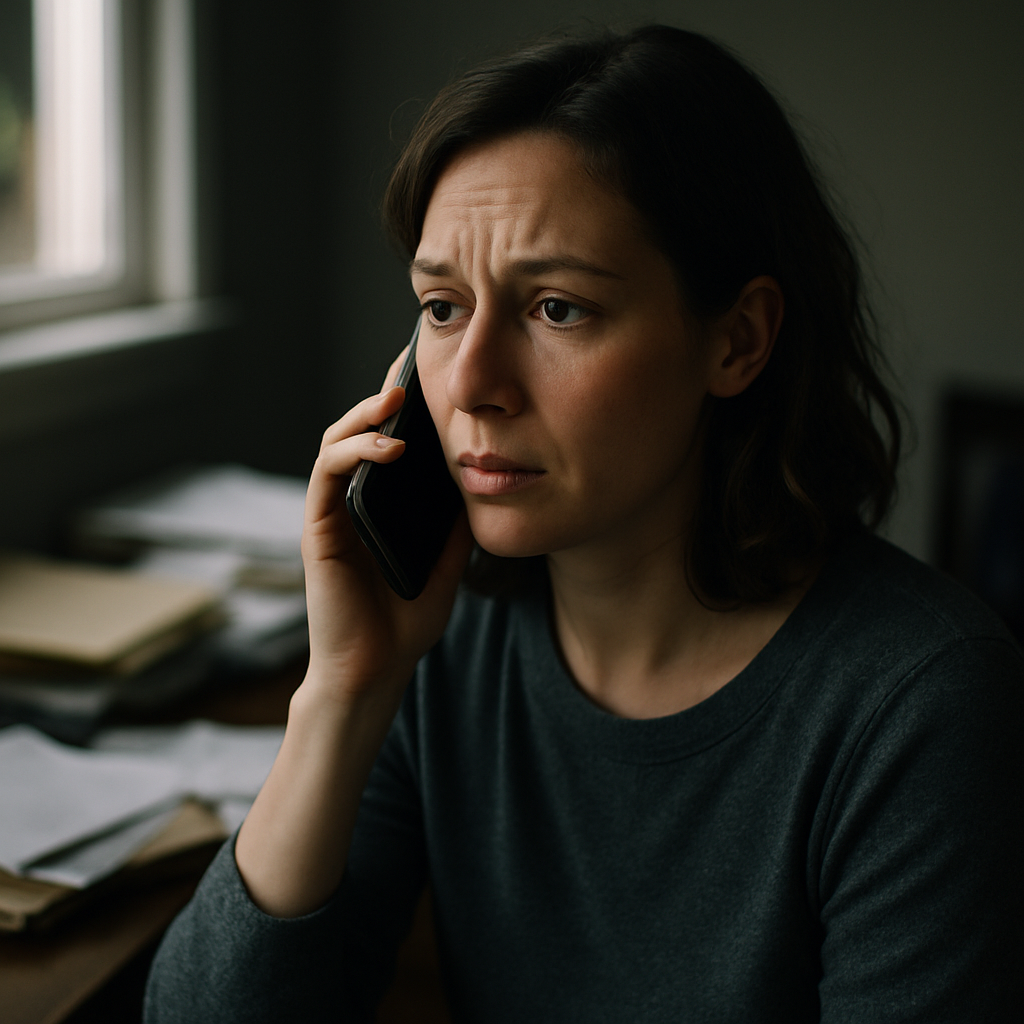 Woman anxiously listening on phone in dimly lit office with papers on desk.