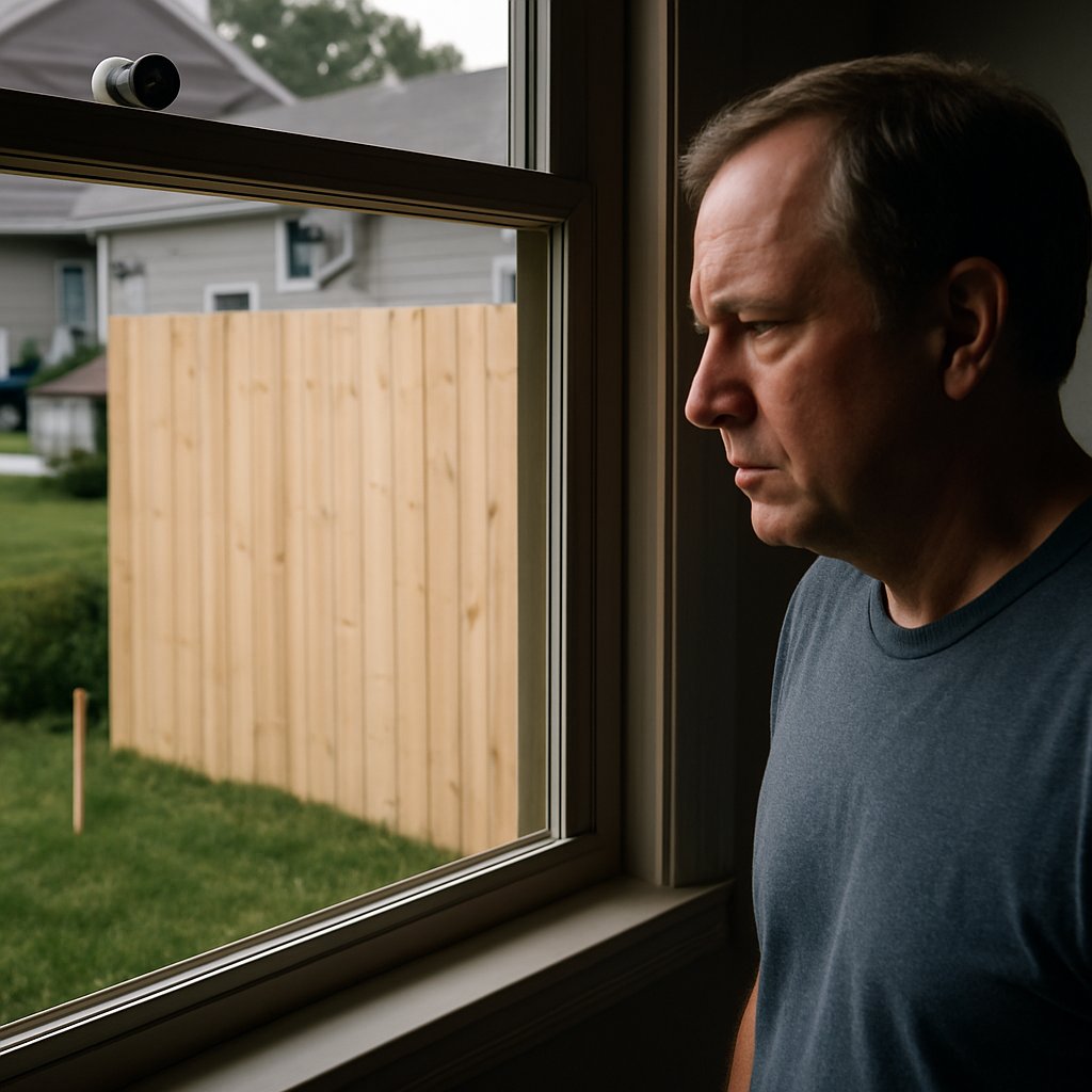 Man looking through kitchen window at privacy fence blocking security camera, suburban backyard.