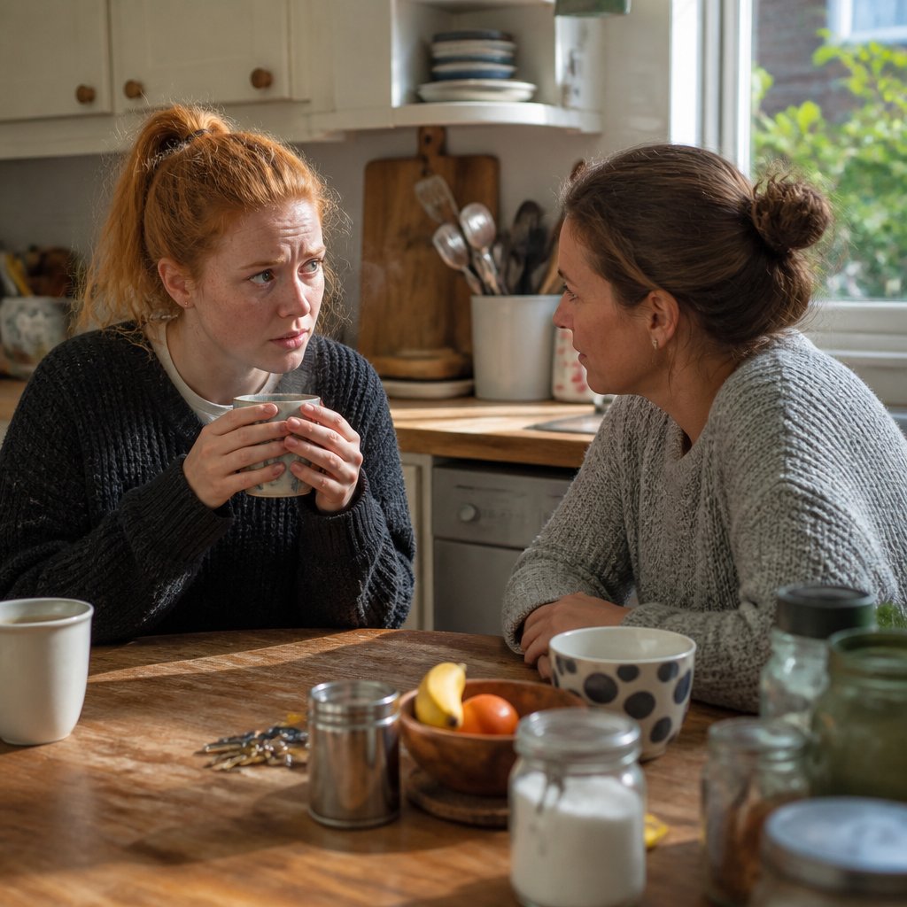 Two women at a kitchen table, one worried, the other listening closely during a serious conversation.
