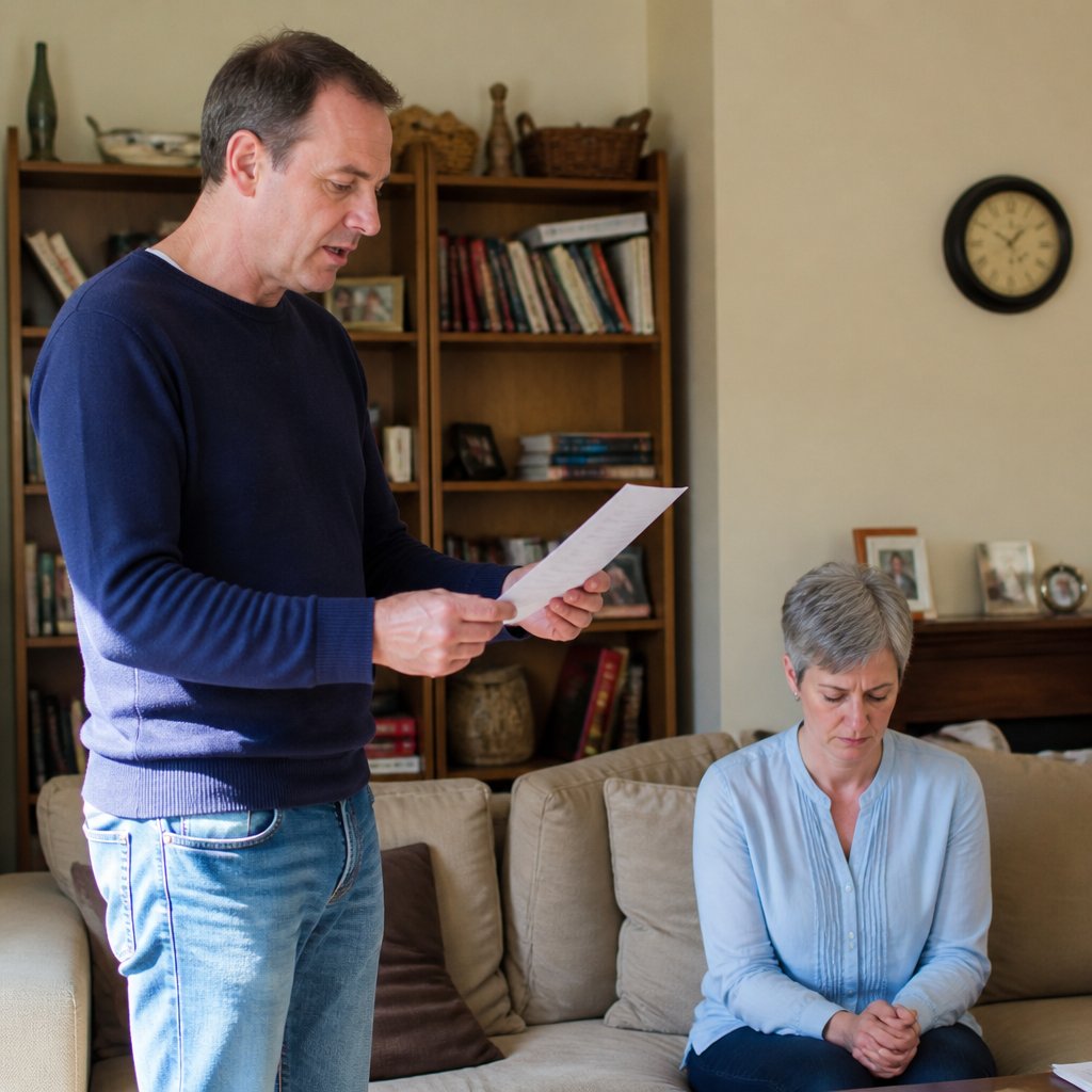Man reading a printed paper aloud, woman on sofa listening quietly, living room setting.