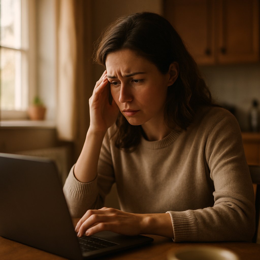 Woman looking worried while reading on a laptop at home.