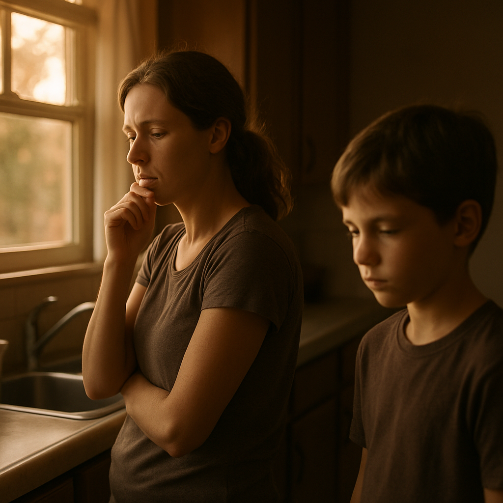 Mom looking concerned while son hesitates to answer in a warmly lit kitchen.