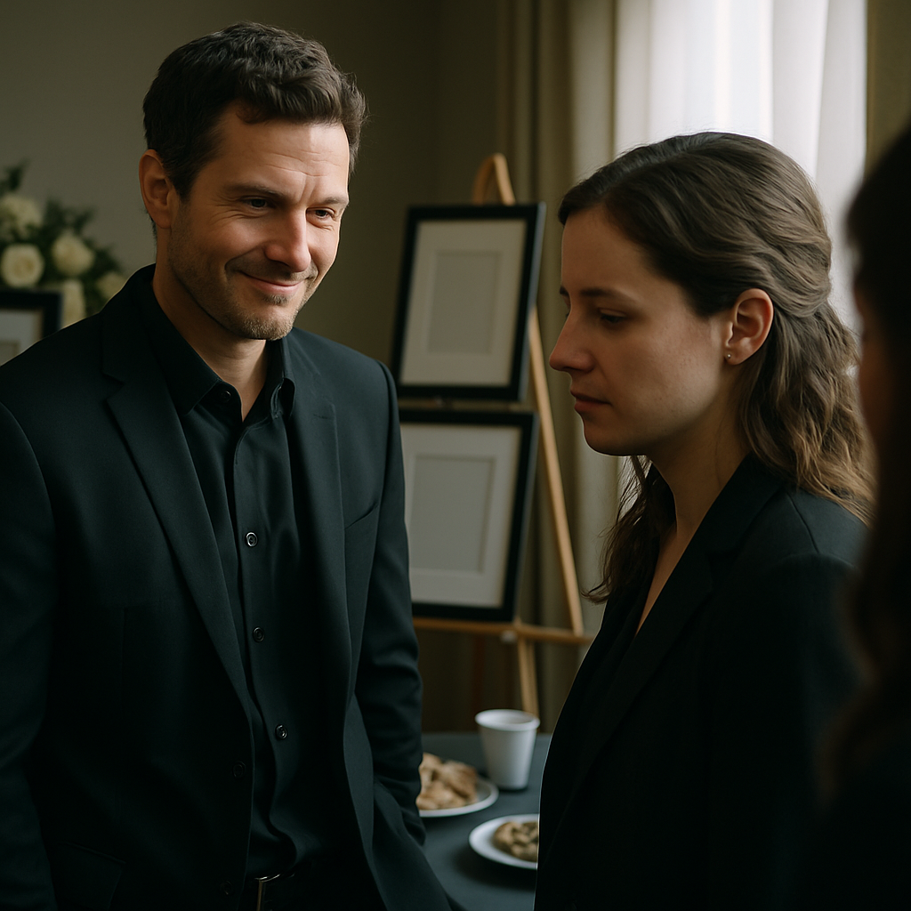 Man smirking beside empty photo frames threatening a woman at a funeral visitation.