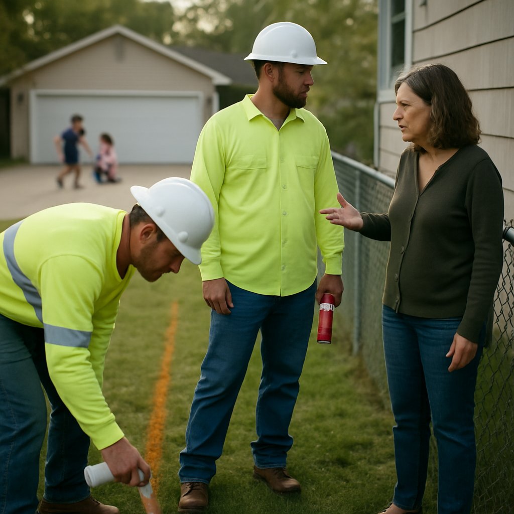 Utility workers spray-painting lines on a small suburban yard while a homeowner talks to them