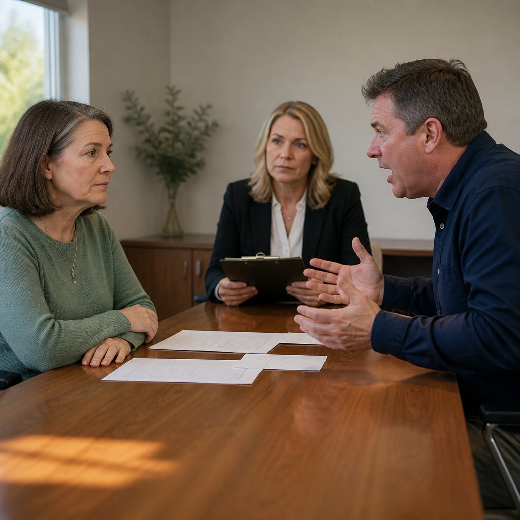 Woman looks anxious at conference table as man raises his voice during mediation.