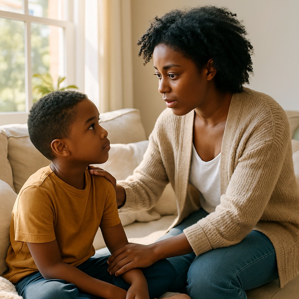 Nanny whispering seriously to young boy on couch, both with calm but serious expressions.