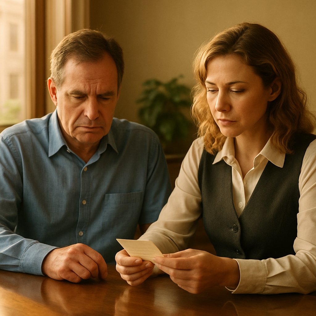 Man and bank teller in a private room discussing a safe-deposit box access slip.