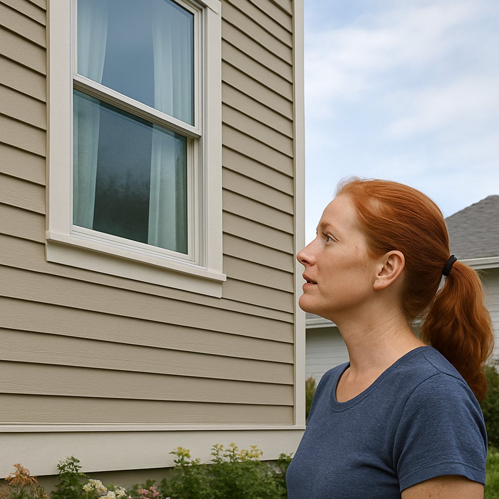 Second-story bedroom window with pale blue window film and neighboring house’s security camera visible above.