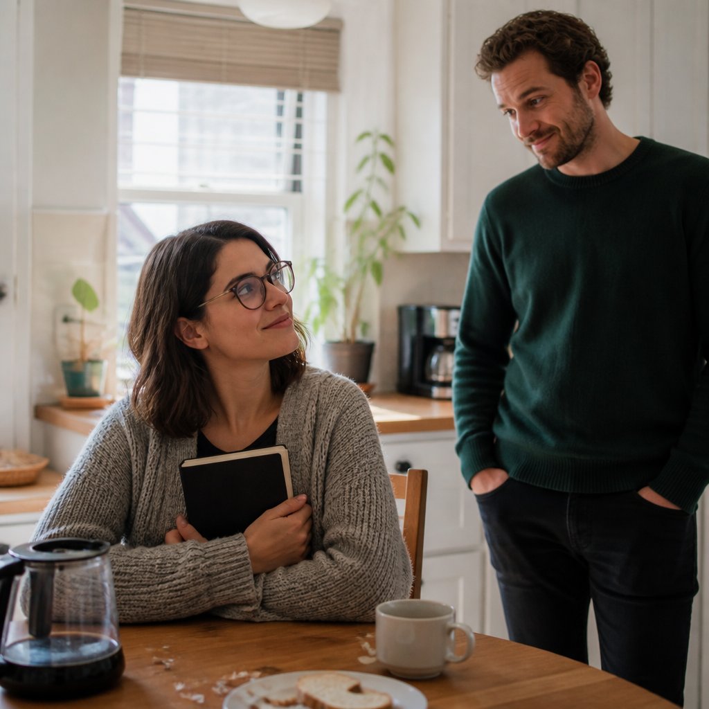Woman clutching notebook at kitchen table as man watches with calm smile.