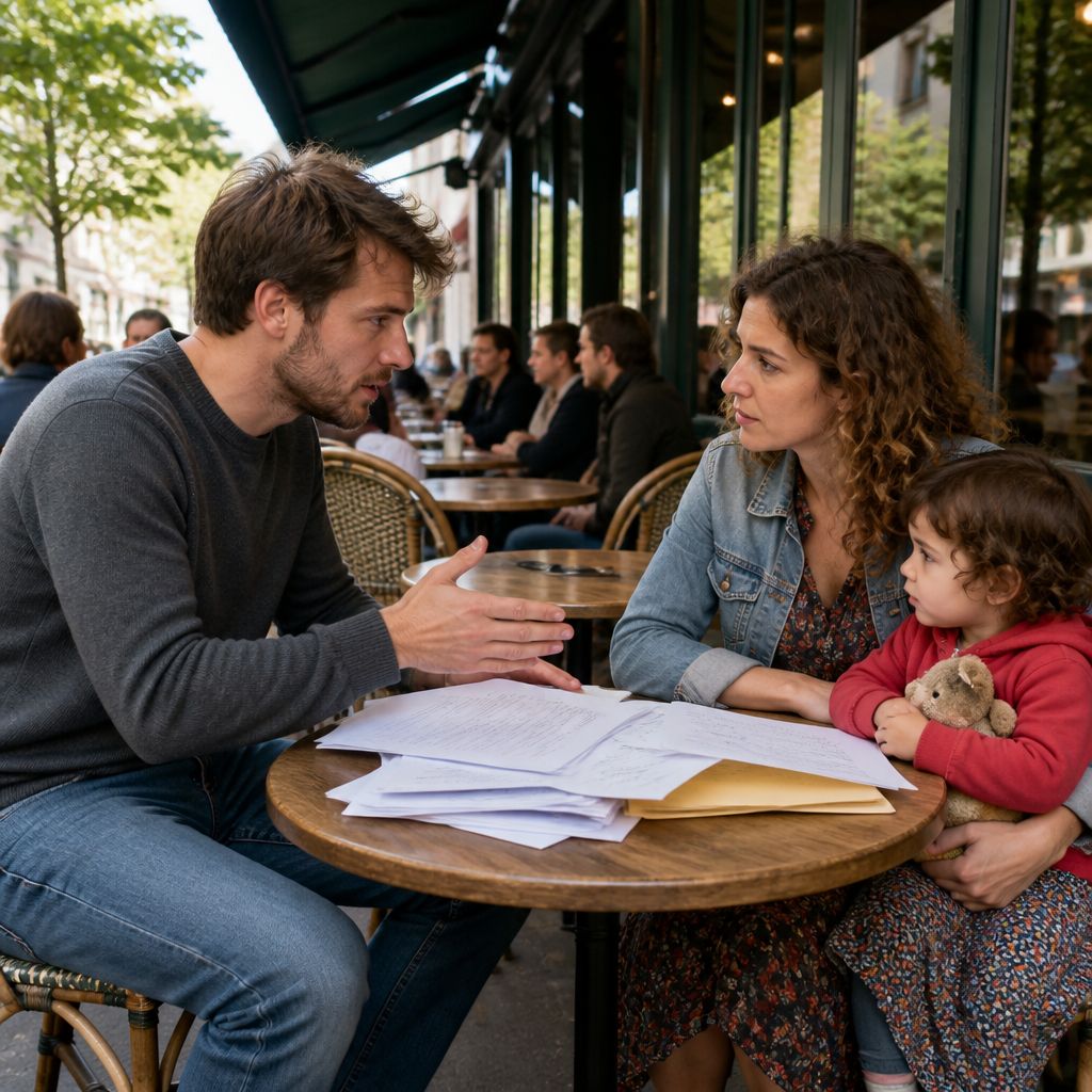 Man and woman sitting at a café table with folder open, serious expressions.