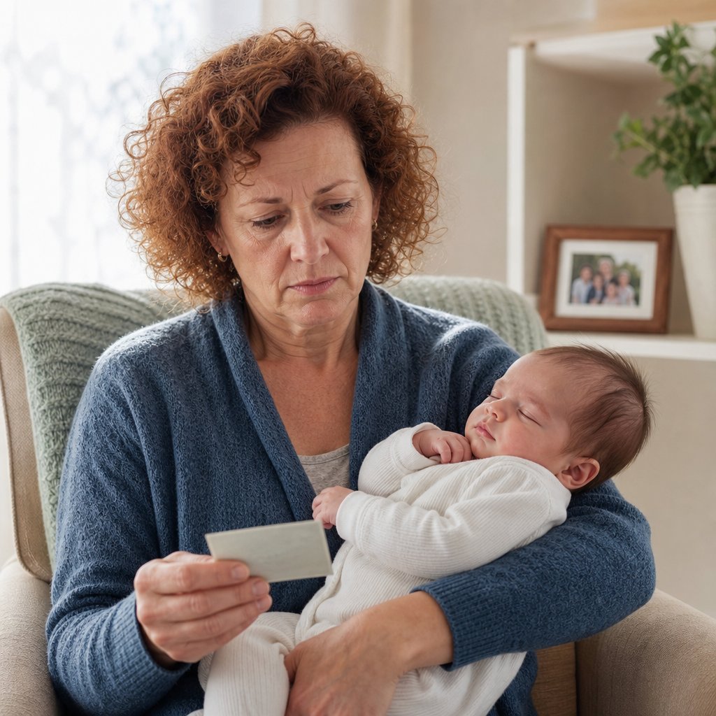 Woman holding baby and Social Security card in living room, expression uneasy.