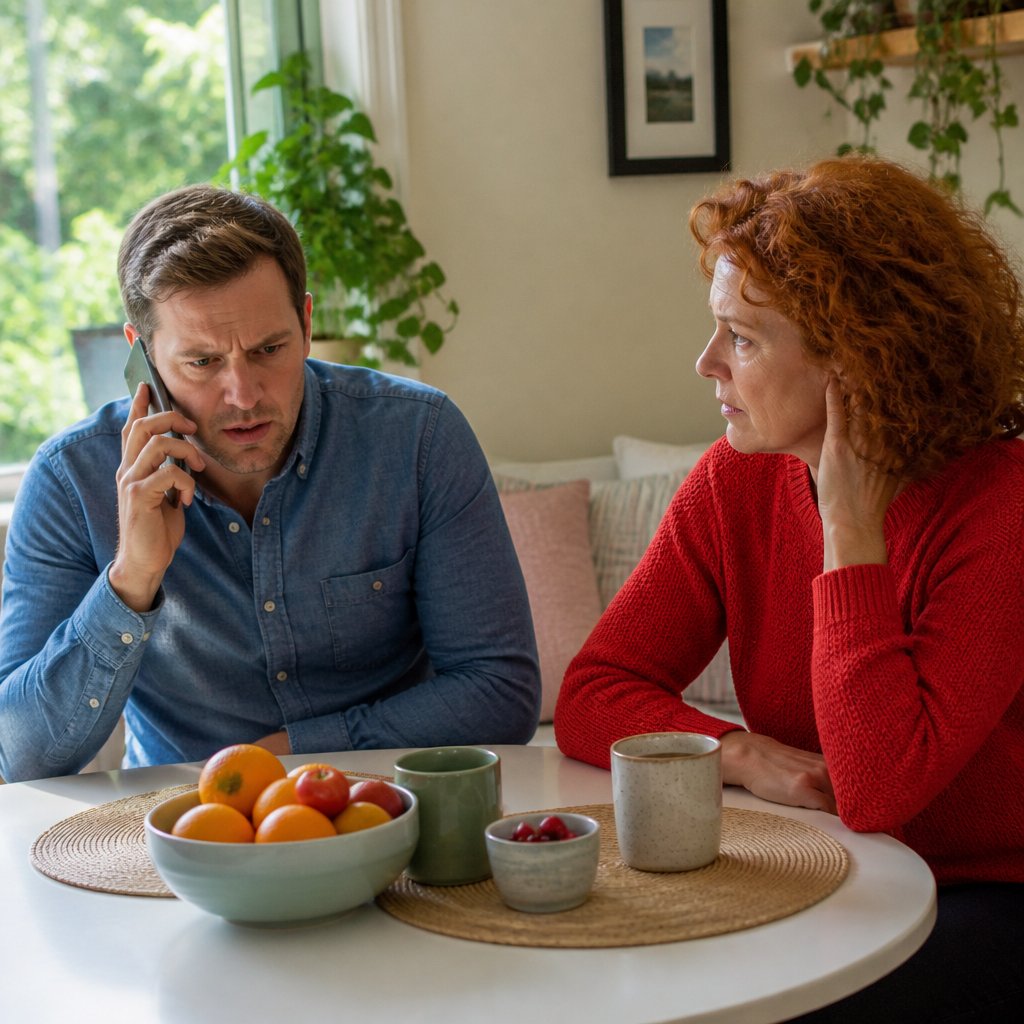 Man holding phone to ear with a tense look, woman beside him looking worried at breakfast table.
