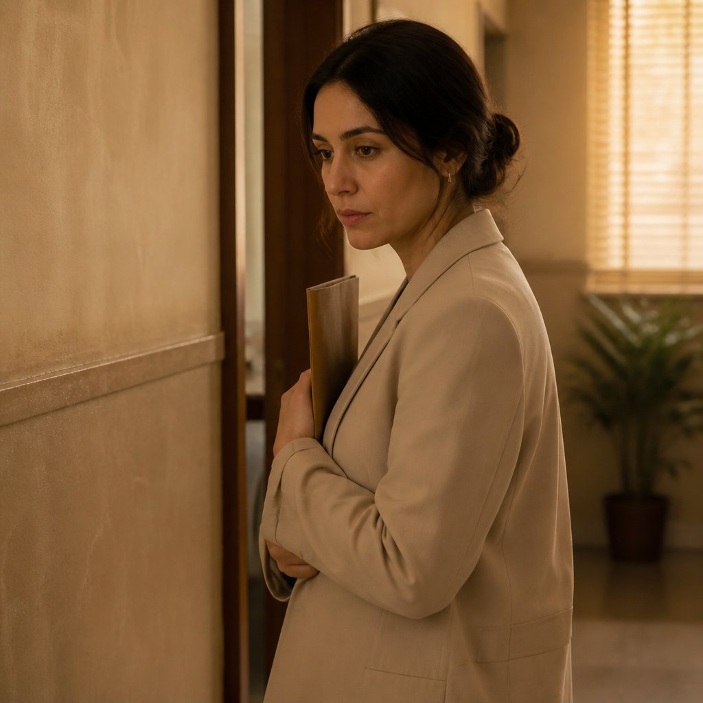 Serious woman standing in a narrow hallway holding a folder, looking thoughtful.