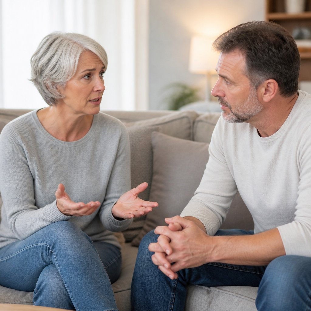 Couple talking seriously on couch, wife upset, husband concerned