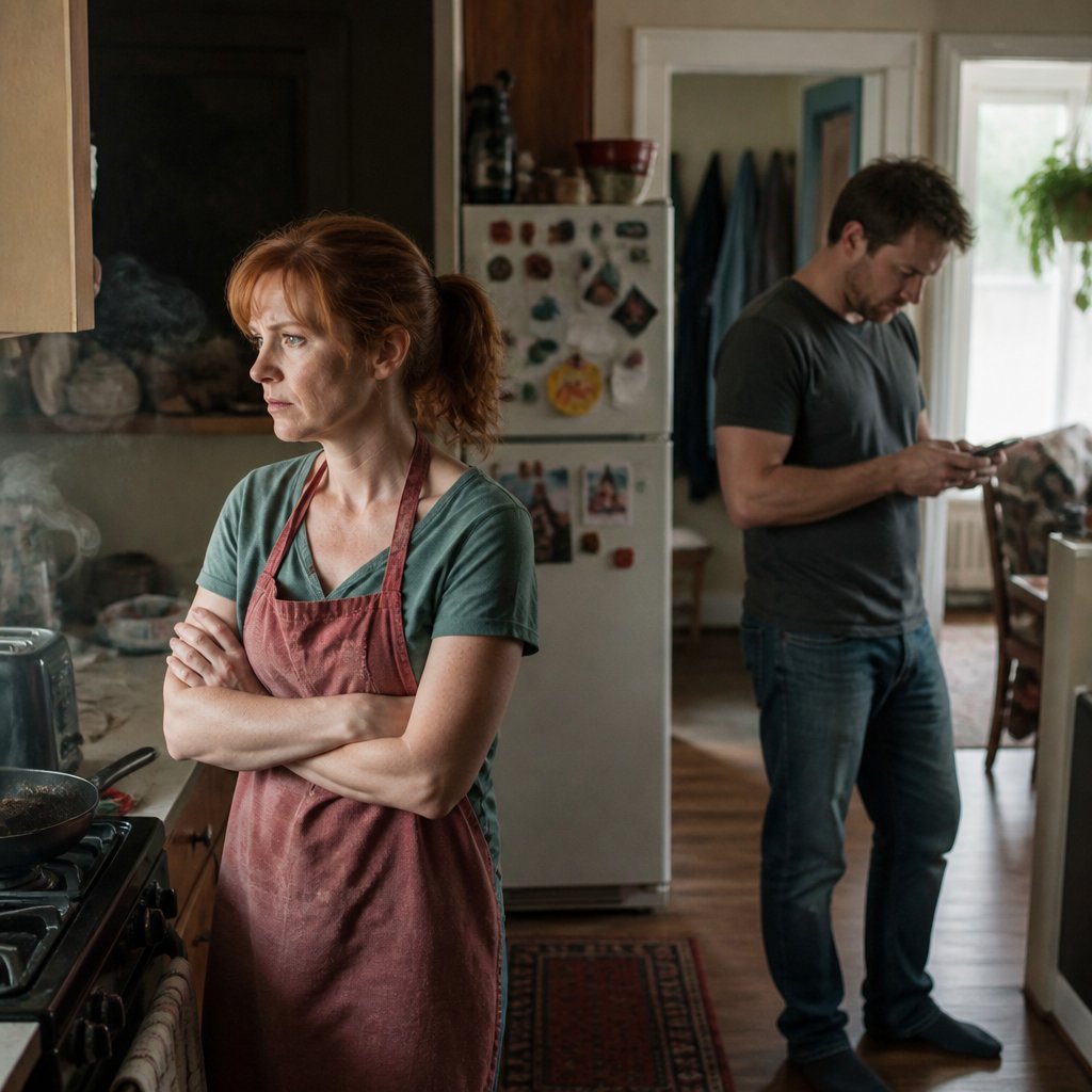 Woman wearing an apron stands tense in a kitchen while a man texts nearby.