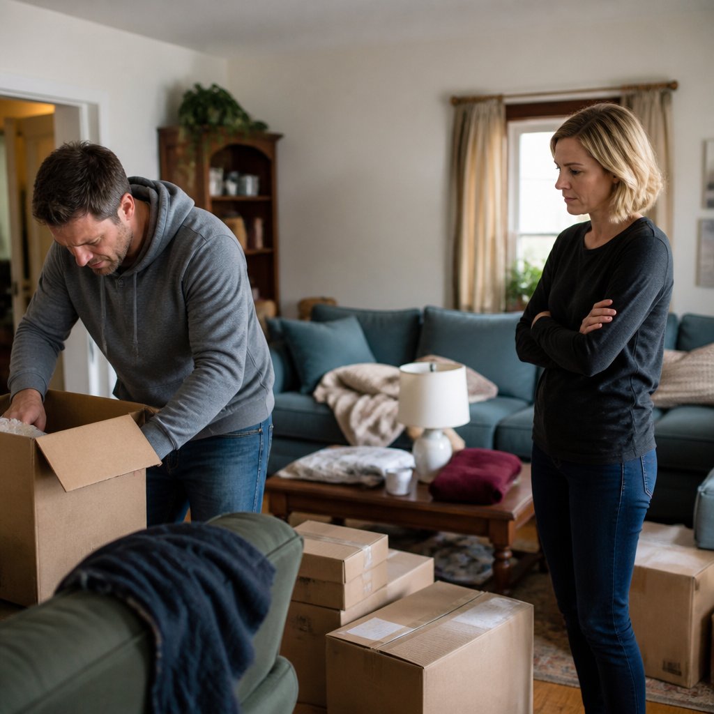 Man moving into an older family living room while a woman watches anxiously.