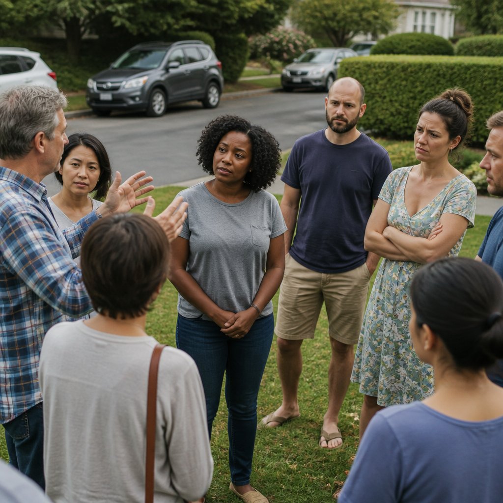 Neighborhood meeting outside with man speaking to a group, casual summer clothes, parked cars and trimmed hedges visible.