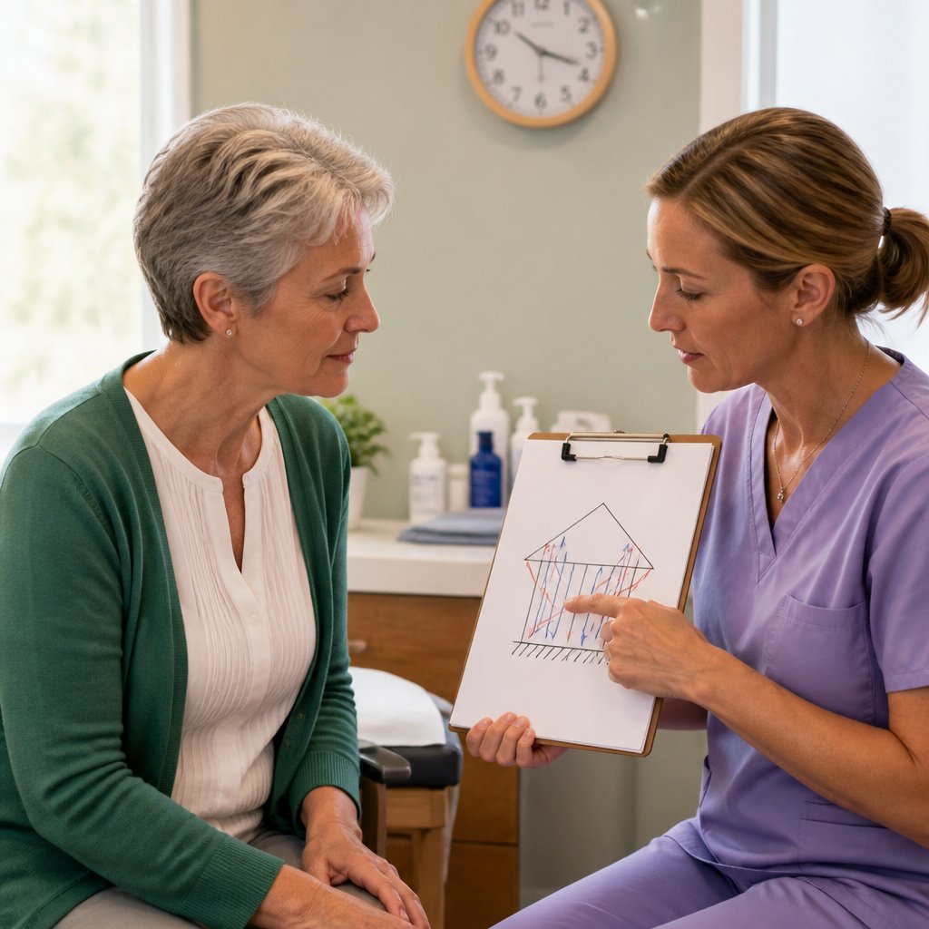 Patient listening to environmental medicine doctor explaining airflow and symptoms.