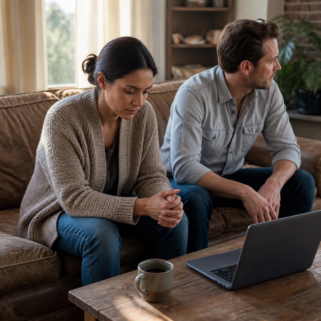Woman anxiously looking at her hands on a couch, man sitting beside her avoiding eye contact.