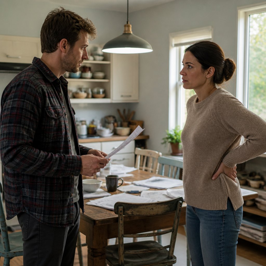 A man and woman discussing an unexpected contractor lawsuit at a cluttered kitchen table, their faces showing tension and concern.